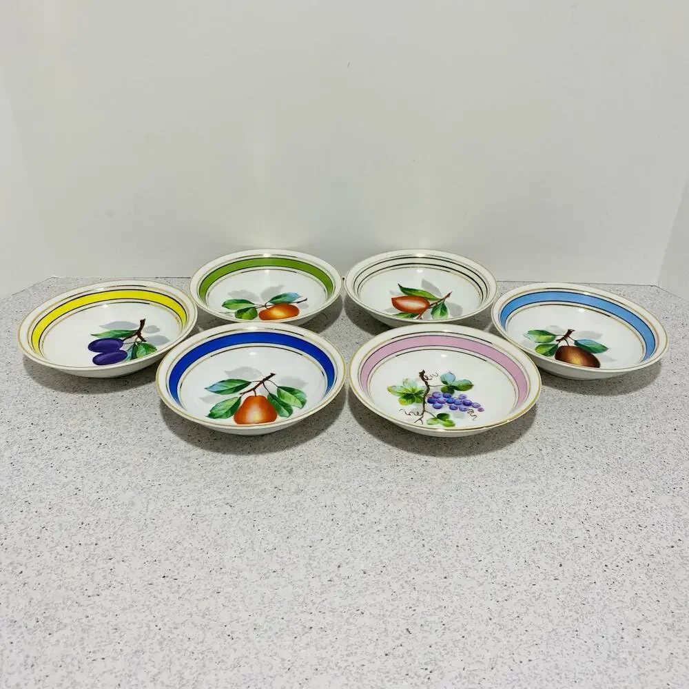 Vintage ceramic berry bowl set of 6 hand painted fruit multicolor signed Czech